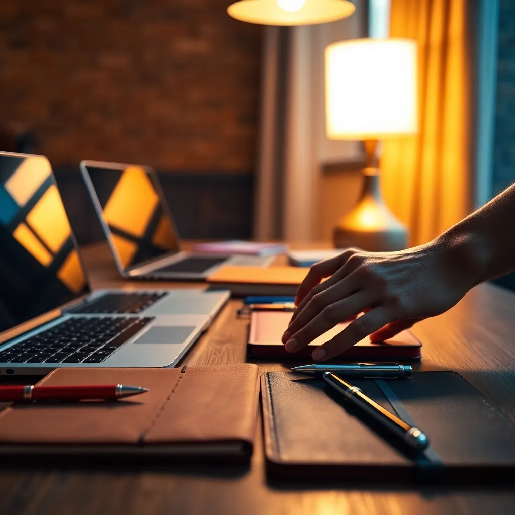 Stylish Coworking Table with Laptops and Stationery This close-up image presents an organized coworking table adorned with sleek laptops and vibrant stationery. The warm glow from a tungsten lamp enhances the rich textures of leather notebooks and metallic pens, creating an inviting workspace. The use of saturated colors adds a lively touch, perfect for stimulating creativity. The centered symmetry of the composition emphasizes the stylish arrangement of the items, making it ideal for showcasing modern work environments.