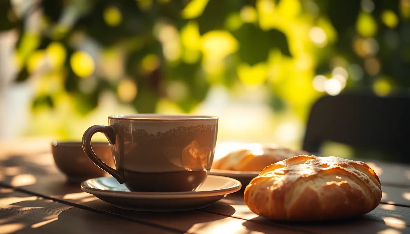 This inviting image captures a serene coffee setup in a coworking space surrounded by nature. Dappled sunlight creates playful patterns on the table, highlighting the textured ceramics and a freshly baked pastry. The rich earth tones and soft focus invite a sense of calm, making it an ideal space to fuel creativity and productivity.