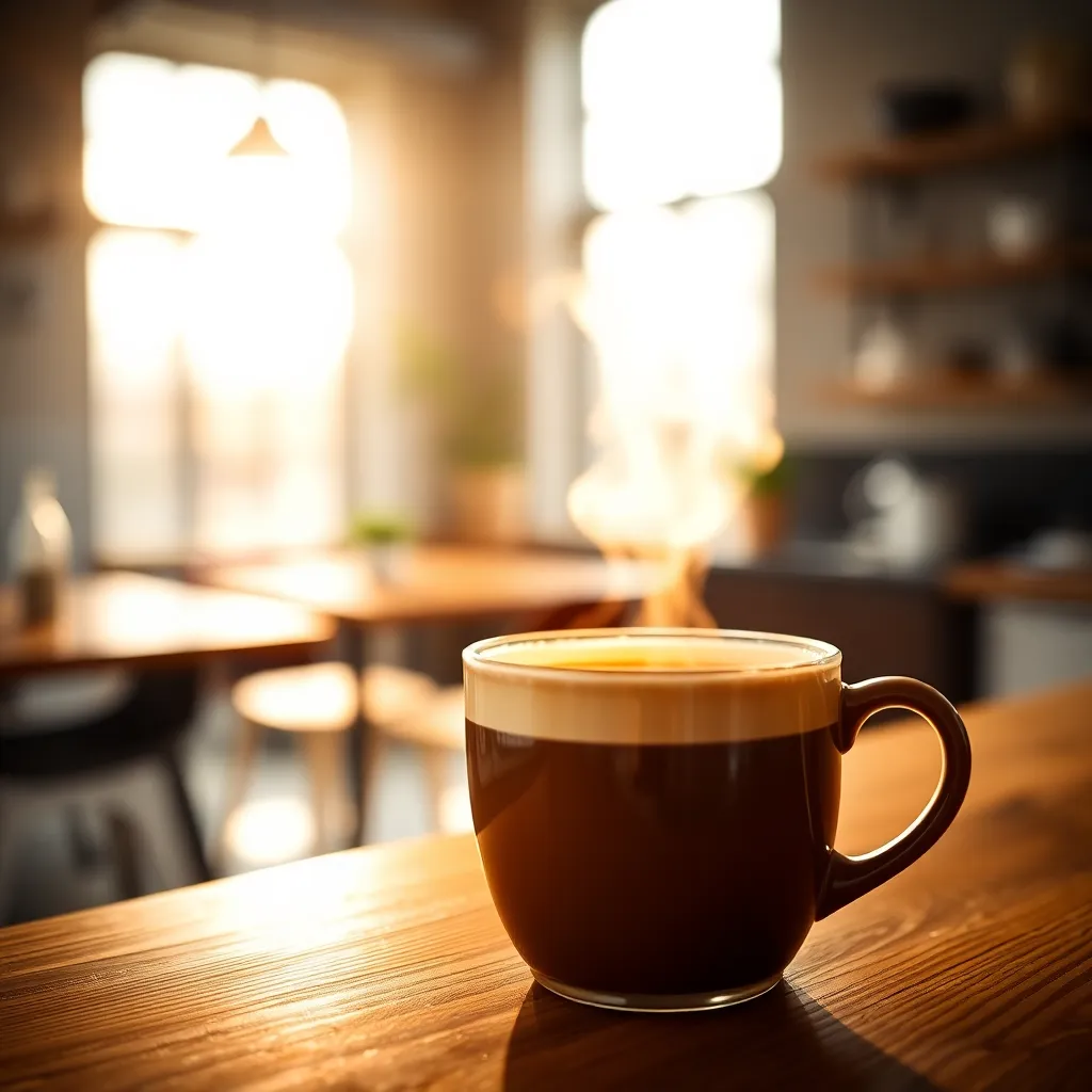 Freshly Brewed Coffee in Coworking Kitchen This close-up image captures a steaming cup of freshly brewed coffee sitting on a rustic kitchen countertop in a coworking space. Bright natural light enhances the rich hues of the coffee, with a soft bokeh background creating a serene atmosphere. The textures of the wooden surface and the coffee's steam evoke a sense of comfort and productivity, making it a perfect representation of the essence of contemporary coworking environments.