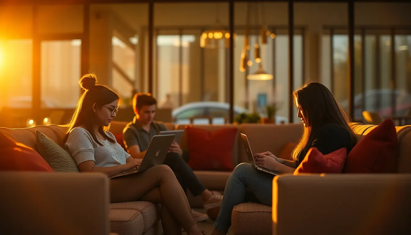 This visually striking image presents a group of freelancers working in a stylish lounge area of a coworking space during the golden hour. The warm backlighting creates a cozy atmosphere, enhancing the rich textures of the plush seating and colorful cushions. The shallow depth of field adds a dreamy effect, drawing attention to the engaged individuals. This scene embodies the blend of comfort and productivity, making it suitable for modern business themes.