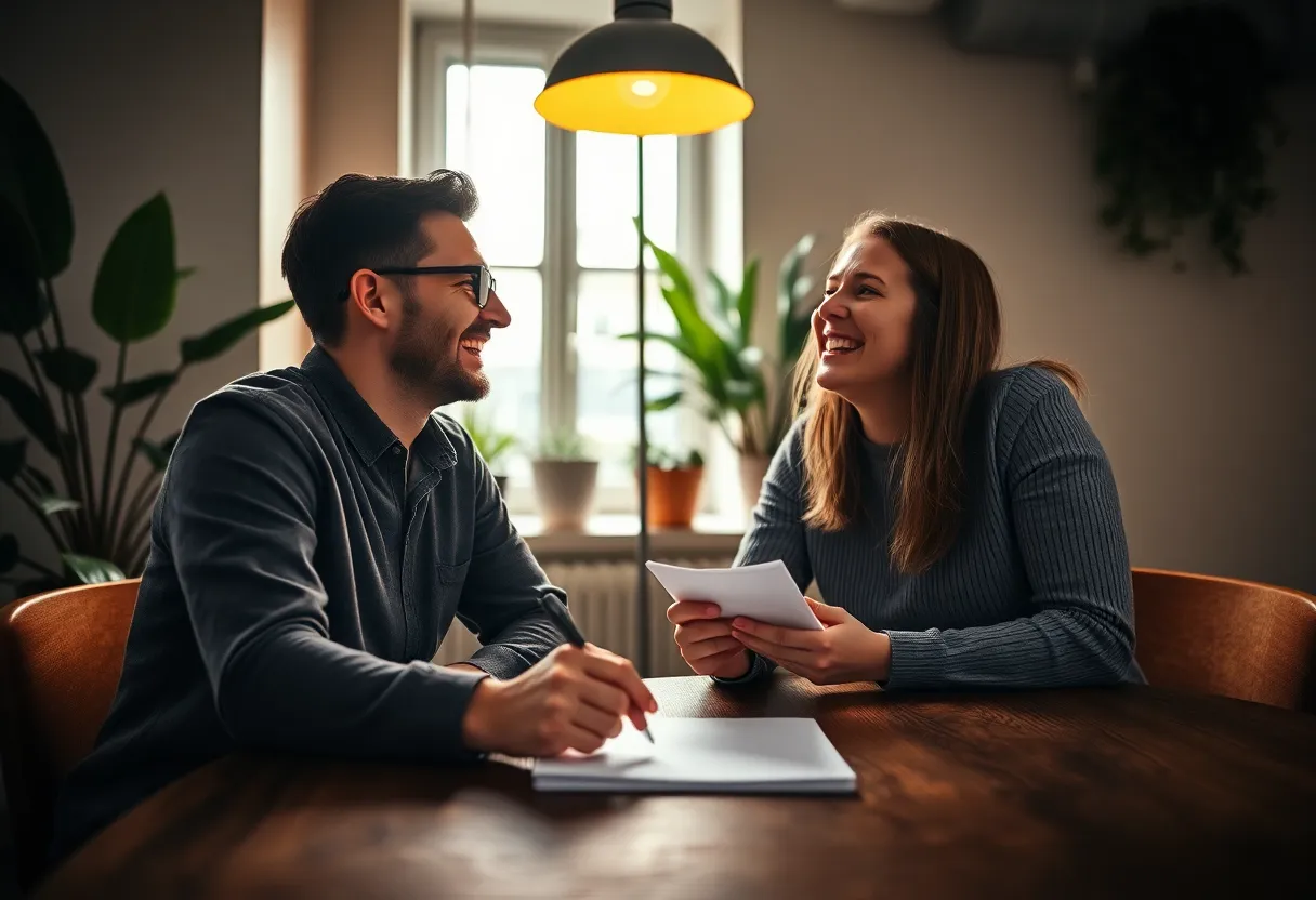 Candid Moment in a Coworking Environment A joyful candid moment between two professionals is captured as they laugh and brainstorm ideas on a notepad within a cozy corner of a coworking space. The warm light from a practical lamp combined with soft ambient daylight creates an inviting atmosphere that enhances the warmth of their interaction. The shallow depth of field beautifully isolates their expressions against a dreamy bokeh backdrop, while the natural wood texture of the table adds to the organic feel of the environment. This image embodies the spirit of teamwork and creativity in a modern workspace.
