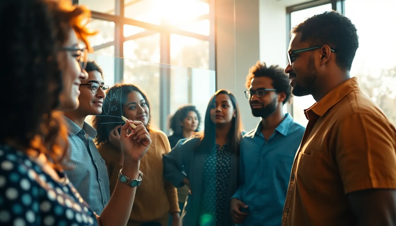 Dynamic Brainstorming Session in Modern Conference Room This lively image captures a vibrant brainstorming session in a modern conference room illuminated by natural light. Diverse participants are engaged in a collaborative effort, writing on a glass whiteboard while sunlight creates dappled highlights on their skin. The shallow depth of field ensures the focus remains on their interaction, enhanced by a cinematic teal and orange grading that adds energy to the scene. The dynamic Dutch angle composition conveys creativity and the collaborative spirit of the workspace.