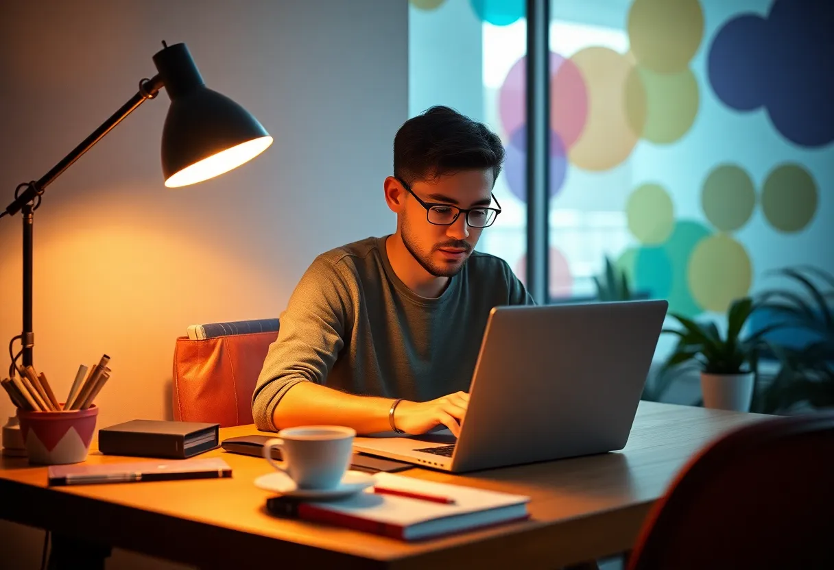 This captivating image features a focused freelancer typing on a laptop in a trendy coworking space. Surrounded by vibrant stationery and a steaming cup of coffee, the warm lighting sets a cozy mood. The selective focus on the freelancer enhances their concentration, while the soft background creates an inviting atmosphere. The warm color palette adds to the overall appeal, making it a perfect representation of modern freelance culture.