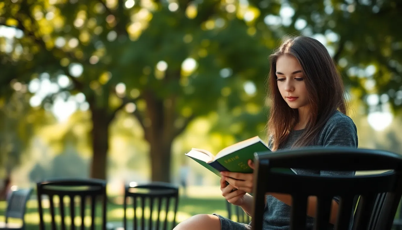Relaxing in Nature-Inspired Coworking Space A tranquil scene in a nature-inspired coworking space showcases a young woman immersed in a book, with dappled sunlight filtering through the tree canopy above. The lush greenery surrounding her is rendered in rich, saturated colors, creating a peaceful ambiance. The leading lines of surrounding seating direct the viewer's attention to her focused expression, highlighting the blend of relaxation and productivity in this unique workspace.