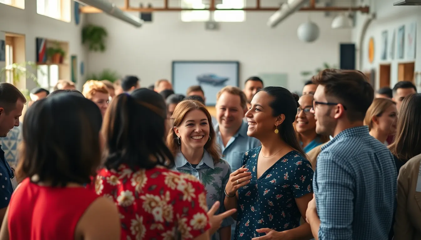 This lively scene captures a vibrant networking event within a modern coworking space, filled with diverse individuals animatedly discussing and sharing ideas. Natural light floods the area, highlighting the colorful decor and the engaged expressions of the subjects. The shallow depth of field emphasizes the energy of the moment, inviting viewers to feel the spirit of collaboration and community.