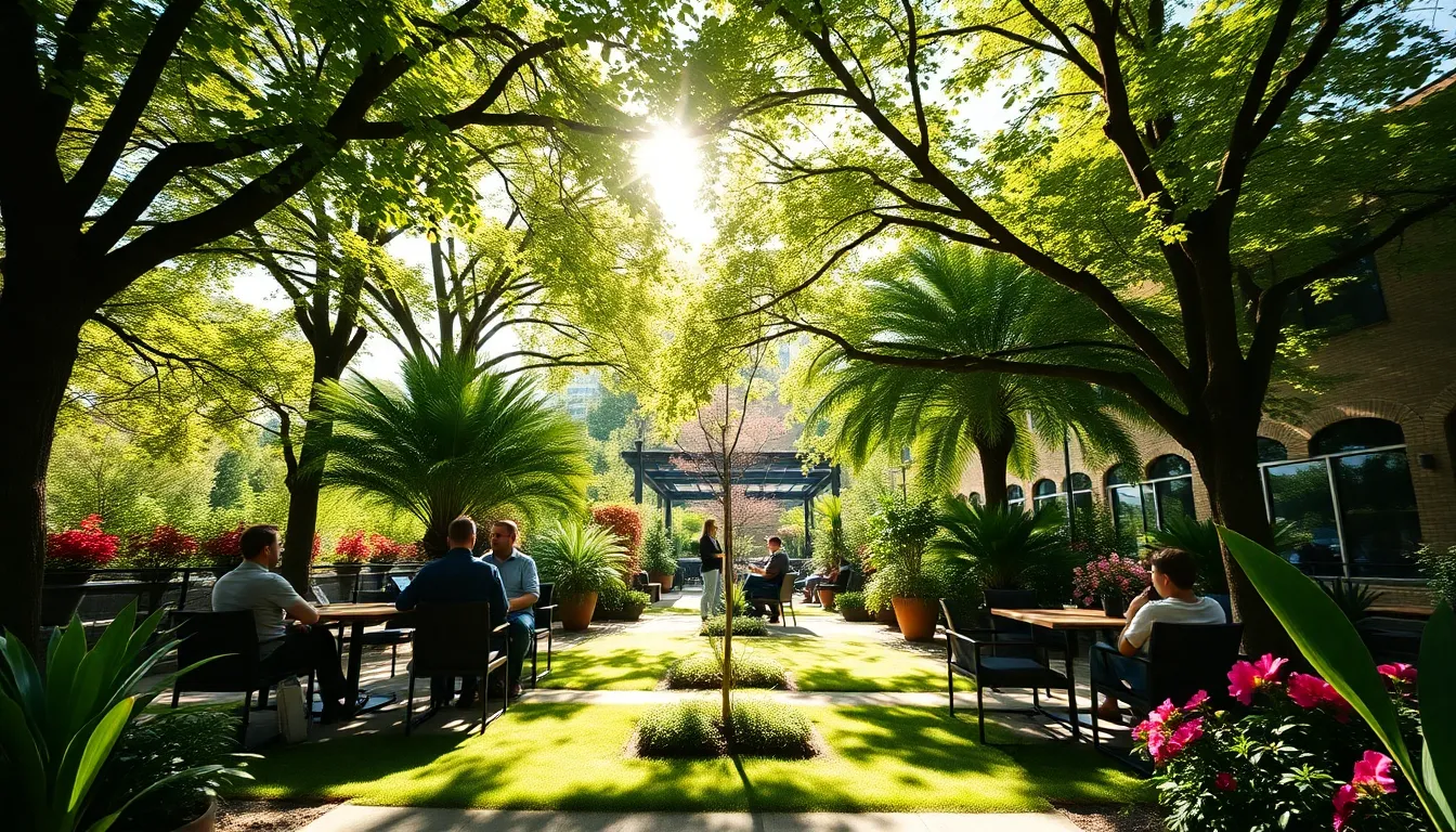 A vibrant outdoor coworking space is filled with professionals sharing ideas while surrounded by lush greenery. Dappled sunlight filters through the tree canopy, creating an inviting and energizing environment. With vivid, saturated colors, the scene bursts with life, enhancing the creative spirit of collaboration. Leading lines guide the viewer's gaze through the picturesque setting, showcasing the harmony between work and nature.
