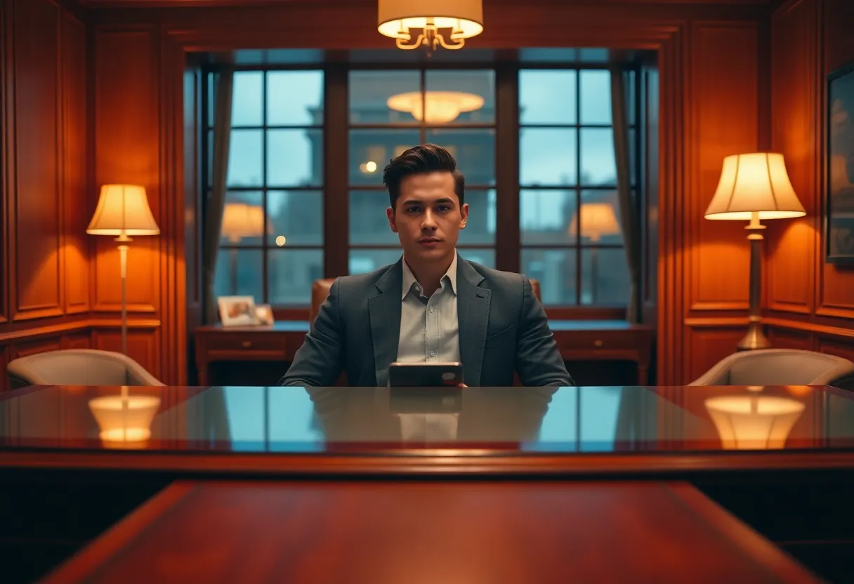 This striking image features a stylish professional deeply focused on their work at a beautifully designed desk. The warm glow from a desk lamp provides a cozy and inviting ambiance, while the teal and orange color grading adds a cinematic touch. The background is beautifully blurred, drawing attention to the subject's meticulous expression and chic attire. This scene embodies the essence of productivity and modern elegance in a coworking environment.
