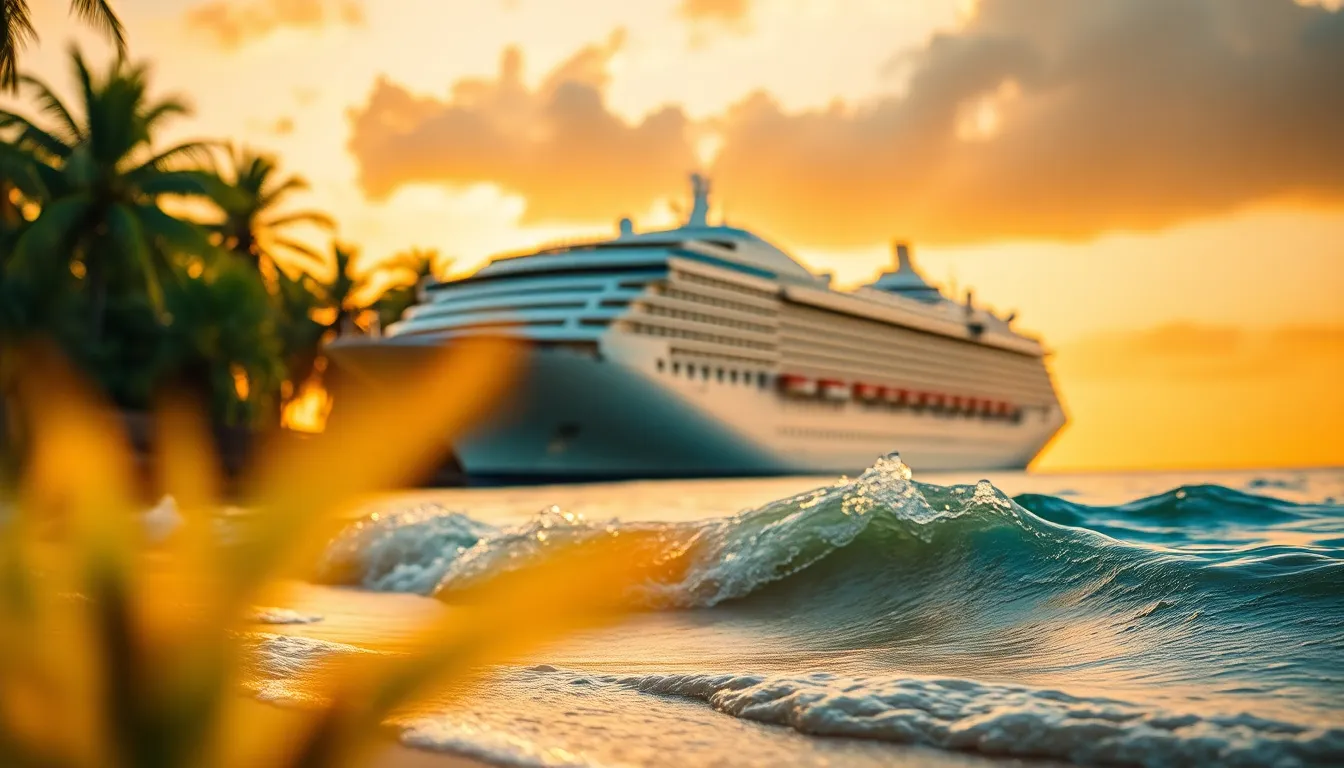 This image captures a stunning luxury cruise ship anchored off a tropical beach during golden hour. The warm sunlight bathes the scene in a golden hue, contrasting with the rich blue of the ocean. Lush green foliage frames the ship while soft waves create a serene atmosphere. The overall composition invites viewers to dream of their next exotic getaway.