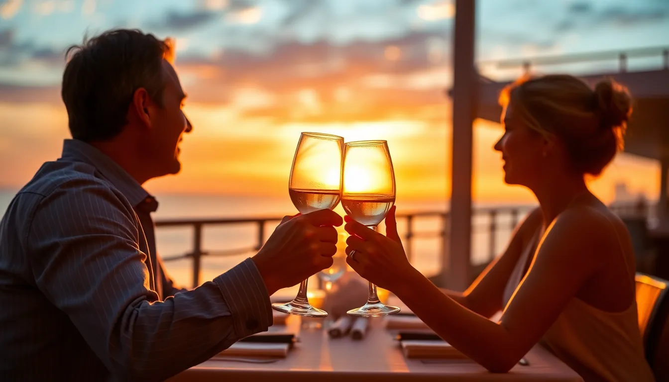 A heartwarming scene of a couple enjoying a romantic dinner on a cruise deck during sunset. Warm golden hour backlighting creates a dreamy atmosphere, highlighting their hands delicately holding wine glasses. The background features a softly blurred twilight sky painted in pinks and blues, enhancing the intimacy of the moment. The fine details of the table setting add depth, making this an ideal image for travel and romance themes.