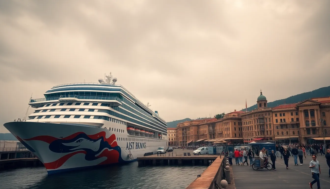 This striking image showcases a vibrant cruise liner docked at a lively port, with a backdrop of colorful buildings and bustling tourists. Captured on an overcast day, the natural light provides a soft, even illumination across the scene. The use of hyperfocal distance allows for sharp detail throughout, emphasizing the connection between the ship and its vibrant surroundings. This scene encapsulates the excitement of travel and exploration.