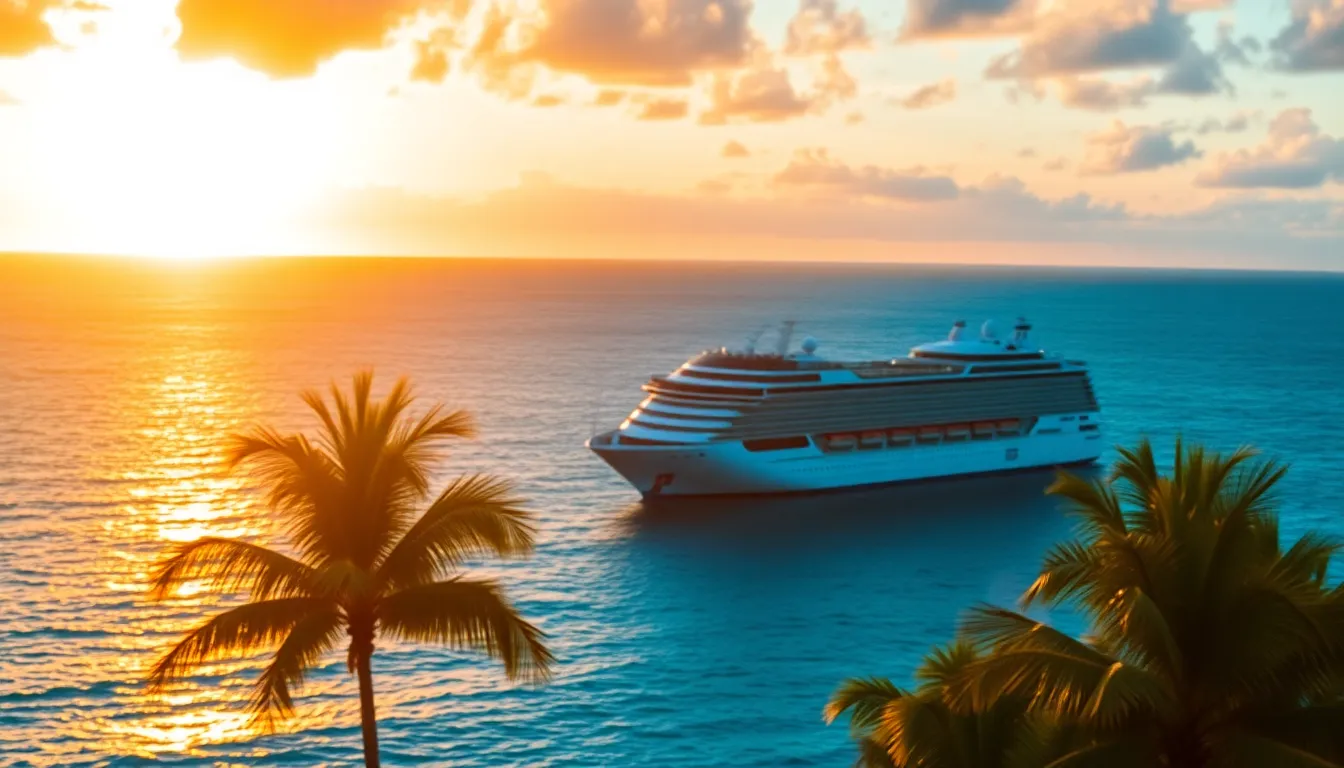A stunning photograph of a luxury cruise ship anchored against a vibrant sunset over the ocean. The golden hues of the sun reflect off the water's surface, while palm trees frame the scene. The soft focus creates an intimate atmosphere, inviting viewers to imagine themselves on the deck. This image captures the essence of relaxation and travel, with rich textures and a cinematic color palette that enhances the beauty of the moment.