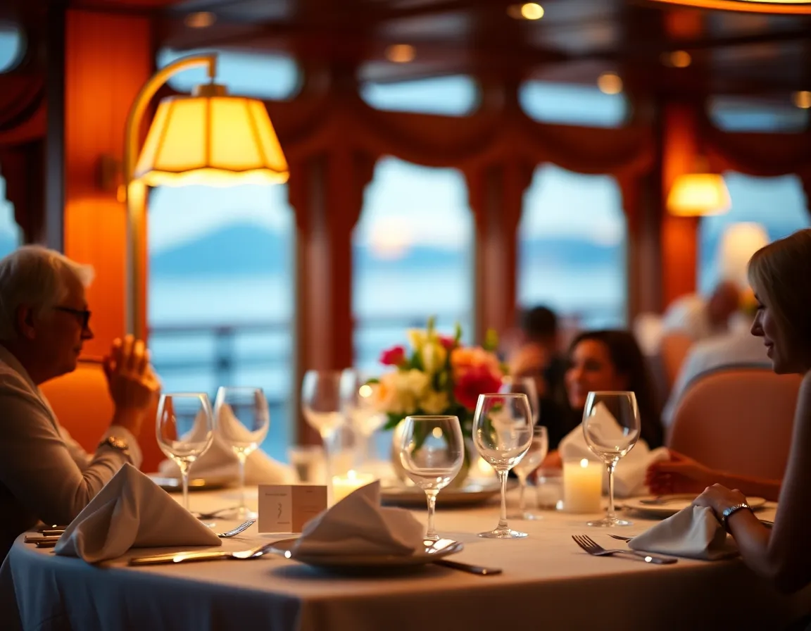 A breathtaking view of a majestic cruise ship anchored in a serene ocean during sunset. The warm golden light creates a stunning glow, illuminating the palm trees framing the scene. The rich teal and orange color palette enhances the tranquil atmosphere, while the shallow depth of field draws focus on the ship. The weathered wooden deck adds texture, enriching the overall visual appeal.