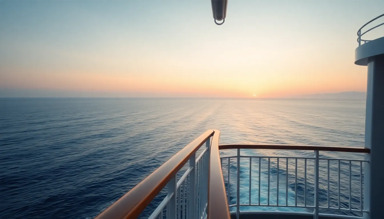 A breathtaking view of the ocean at dawn from the balcony of a luxury cruise ship. Soft pastel colors illuminate the sky as morning light dances on gentle waves. The photograph captures the tranquility of early travel mornings, with the vastness of the ocean inviting reflections and contemplation. This peaceful scene embodies the essence of cruising, highlighting the connection with nature while at sea.