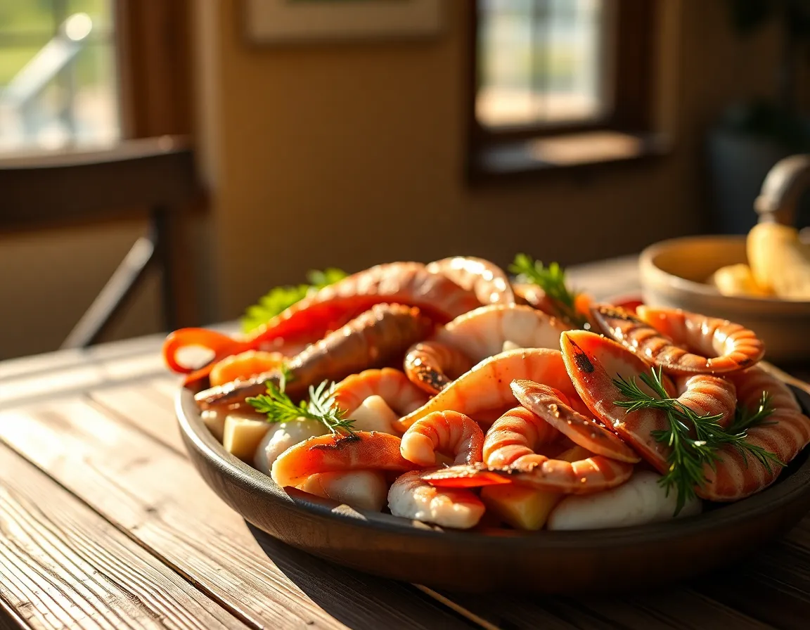 A luxurious seafood platter is beautifully styled on a wooden table aboard a cruise ship, captured in dynamic midday light. The vibrant colors of the fresh seafood pop against the natural muted tones, creating an inviting feast for the eyes. The shallow depth of field highlights the platter while soft bokeh enhances the background, providing a professional touch. This rule of thirds composition showcases elegant garnishing with herbs, enhancing the gourmet experience.