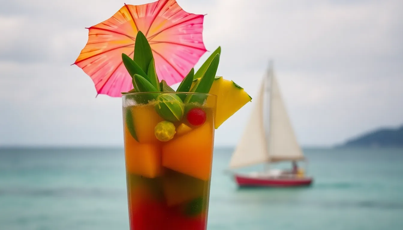 This vibrant close-up image features a tropical cocktail beautifully garnished with a slice of pineapple and a colorful umbrella, set against a picturesque sailboat on the horizon. Soft, diffused daylight creates a natural lighting scheme that enhances the drink's rich colors and the refreshing condensation on the glass. The composition centers on the cocktail, inviting viewers to imagine the refreshing experience of a cruise getaway. The backdrop subtly blurs, blending with the serene ocean scene, making this image perfect for beach or travel themes.