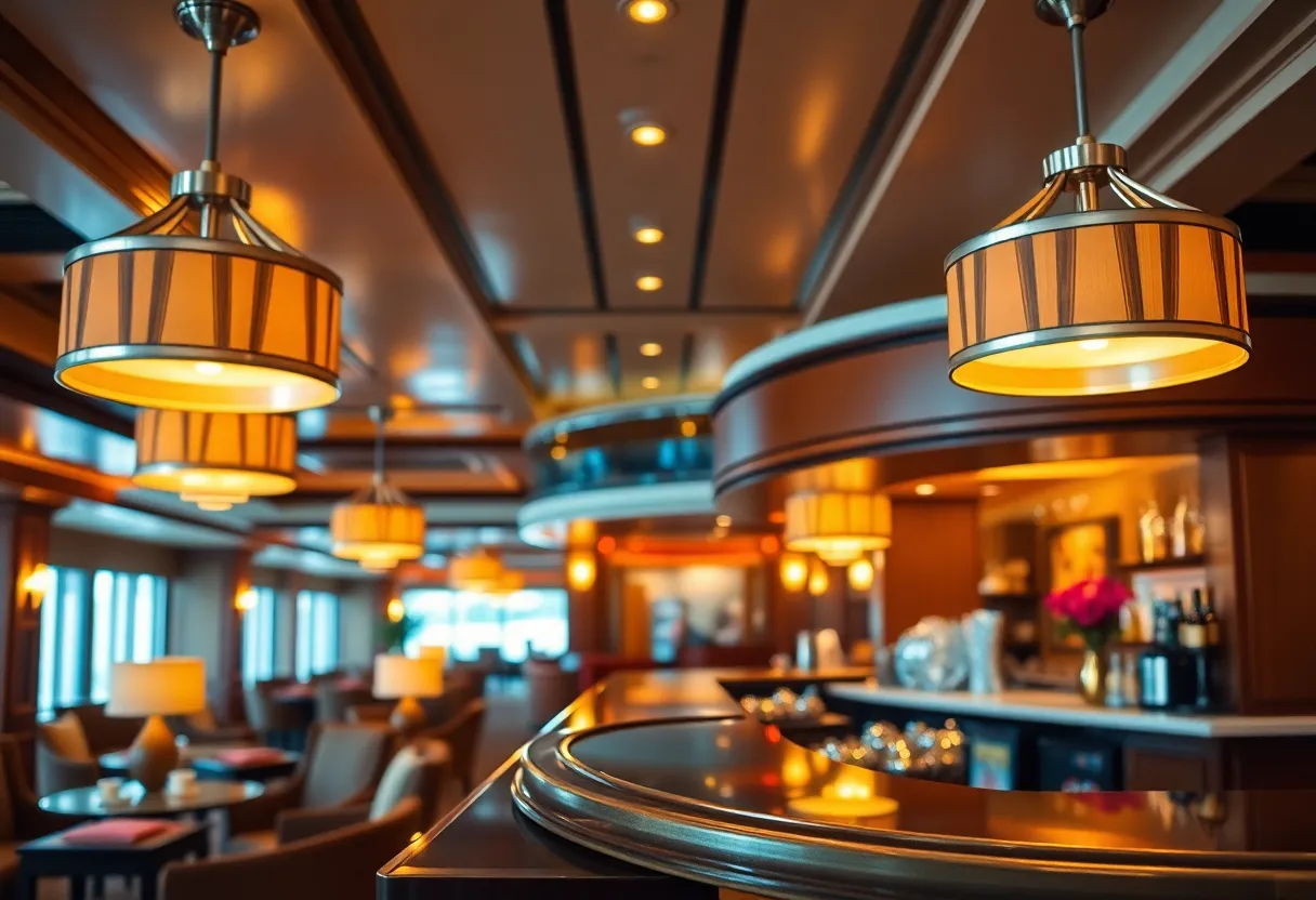 This image captures the sophisticated interior of a cruise ship’s lounge, showcasing its elegant design and luxurious materials. Soft ambient lighting enhances the polished wood and metallic accents, creating a warm and inviting atmosphere. The composition emphasizes symmetry, drawing the viewer's eye through the carefully curated space. Ideal for showcasing the luxury experiences aboard a cruise.