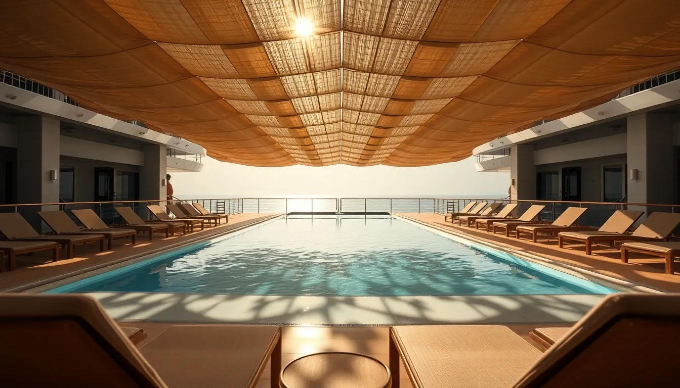 A close-up image of a colorful tropical cocktail elegantly garnished with fresh fruit, set on a rustic wooden table. Dappled sunlight creates a beautiful interplay of light and shadow, enhancing the vibrant colors of the drink. The softened bokeh effect in the background brings attention to the cocktail, inviting viewers to imagine themselves on a luxurious cruise. This image encapsulates the essence of relaxation and enjoyment in a tropical paradise.