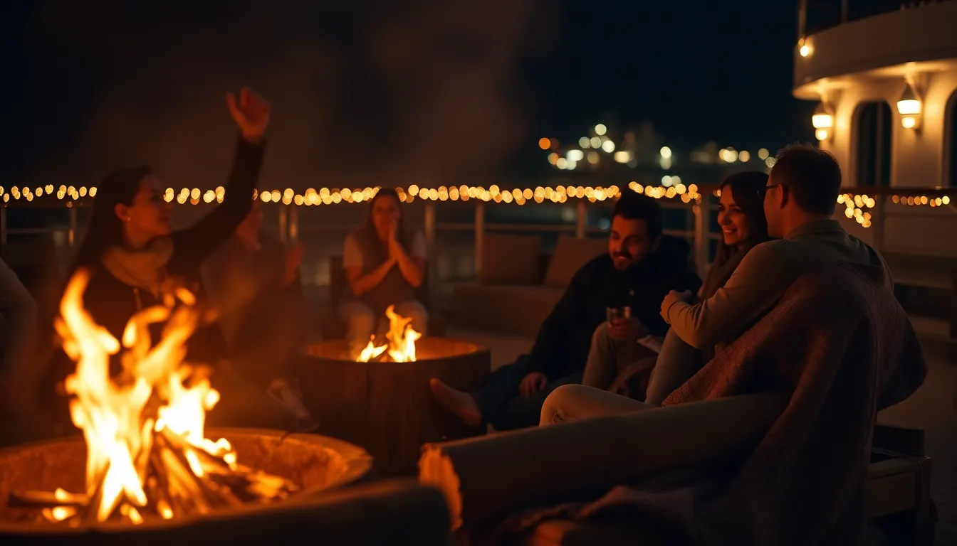 An enchanting nighttime scene featuring a group of friends gathered around a crackling bonfire on the deck of a cruise ship. The warm glow of the firelight creates a cozy and intimate atmosphere, accentuating the joy of companionship. Cozy blankets and rustic logs add texture, making the setting inviting and warm against the backdrop of the vast ocean. This image captures the essence of memorable nights at sea.