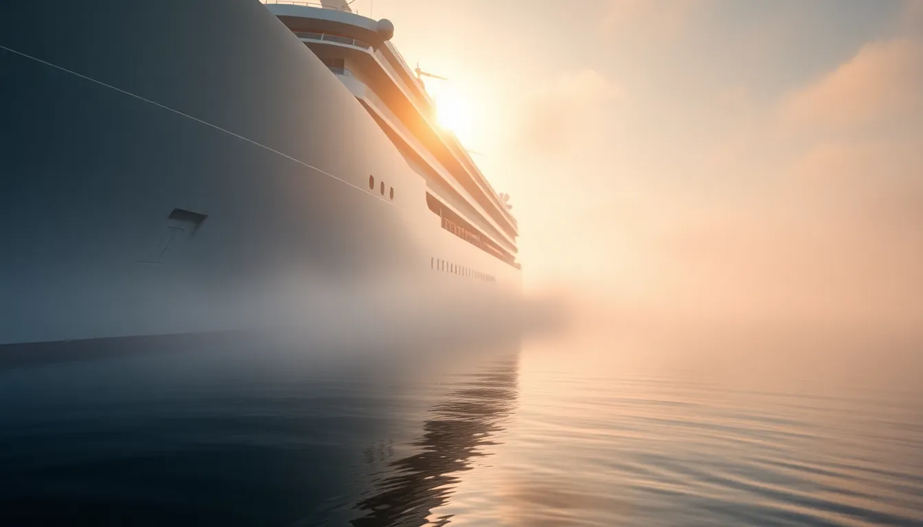 This serene image showcases a luxury cruise ship moored in a tranquil harbor at dawn. Soft morning light filters through the mist, illuminating the ship's elegant hull, while water droplets add a sense of freshness. The composition uses leading lines to draw the viewer’s eye to the vessel, enhanced by calm water reflections. It captures a peaceful moment, perfect for travelers dreaming of ocean escapades.