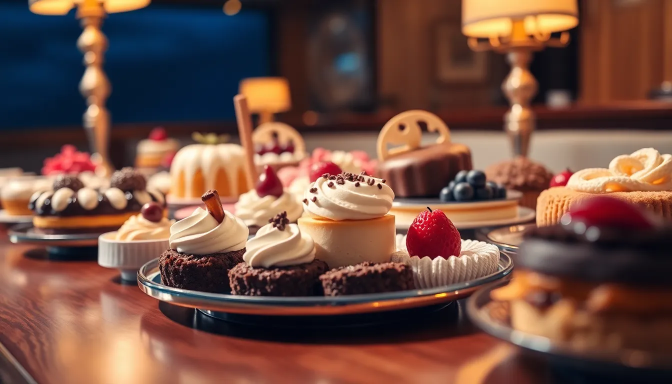 An exquisite dessert buffet laid out on a cruise showcases a variety of intricate treats. Captured with exceptional detail, the image highlights textures and garnishes of each dessert, enhanced by warm tungsten lighting. The use of hyperfocal distance ensures every element is crisp and clear. The polished wooden table adds a touch of elegance, creating a luxurious atmosphere perfect for indulgent dining.