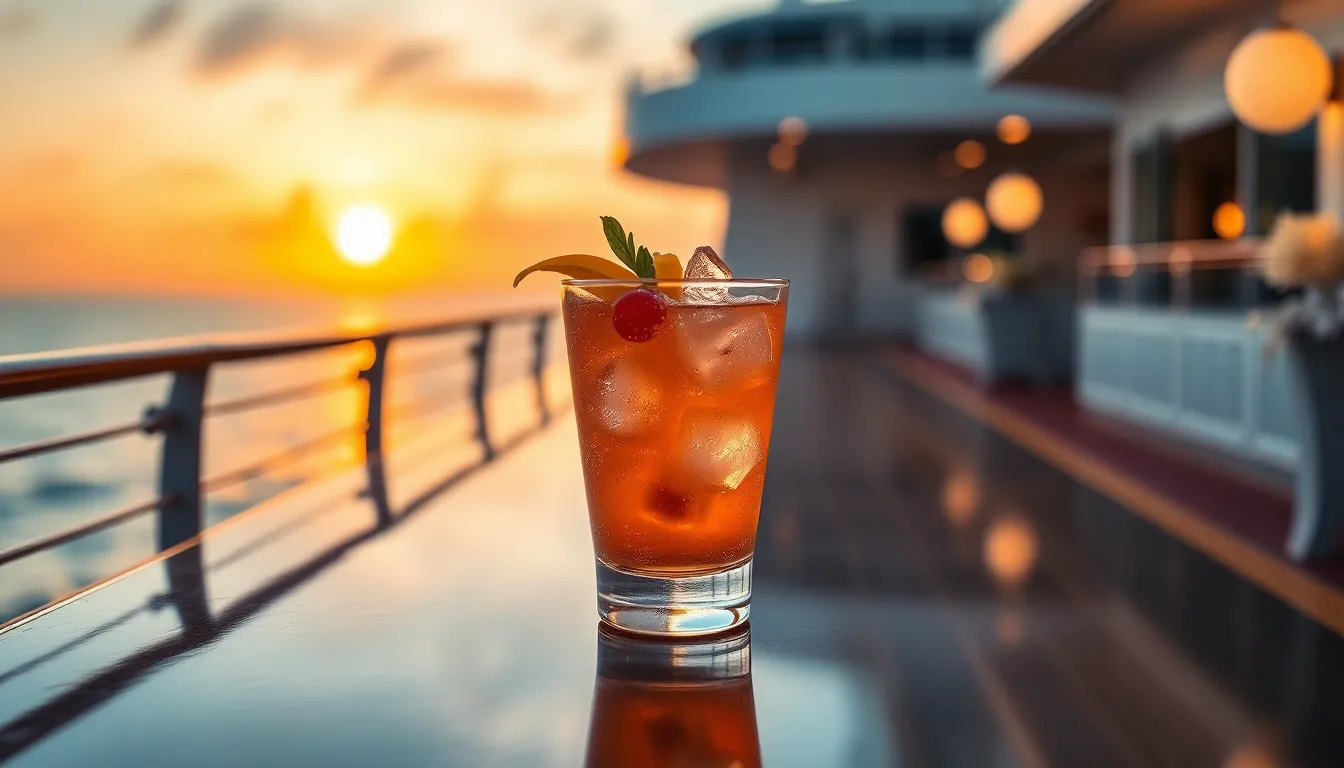 A close-up of a beautifully crafted cocktail rests on a cruise ship deck, the polished surface reflecting warm tungsten light. Vibrant garnishes and glistening ice highlight the drink's exquisite presentation. The tilt-shift effect creates a miniature illusion, drawing the viewer's eye to this luxurious beverage amidst the serene backdrop of the ocean. This image evokes the indulgence and relaxation of life at sea.