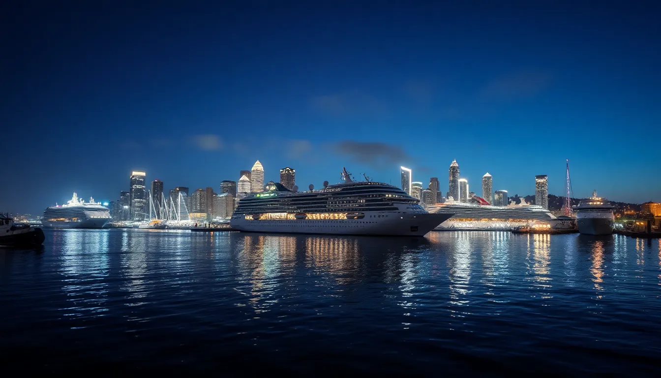 Experience the serene beauty of a harbor at twilight, with cruise ships docked against a panoramic skyline. The soft ambient city lights reflect off the glassy water, creating mesmerizing patterns that enhance the visual richness of the scene. The hyperfocal distance keeps the entire view sharp, inviting the viewer to explore the serene waterfront. Natural muted tones blend with cooler blues and purples, setting a peaceful mood for travel.