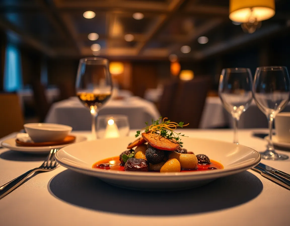 Witness the serene beauty of a cruising evening skyline as a ship docks at a vibrant port city. This image captures the warm glow of the golden hour illuminating the buildings, creating a peaceful atmosphere. Sharp details across the skyline contrast with the soft waves reflecting light in the foreground, showcasing the richness of the scene. Perfect for travel and urban experience promotions.