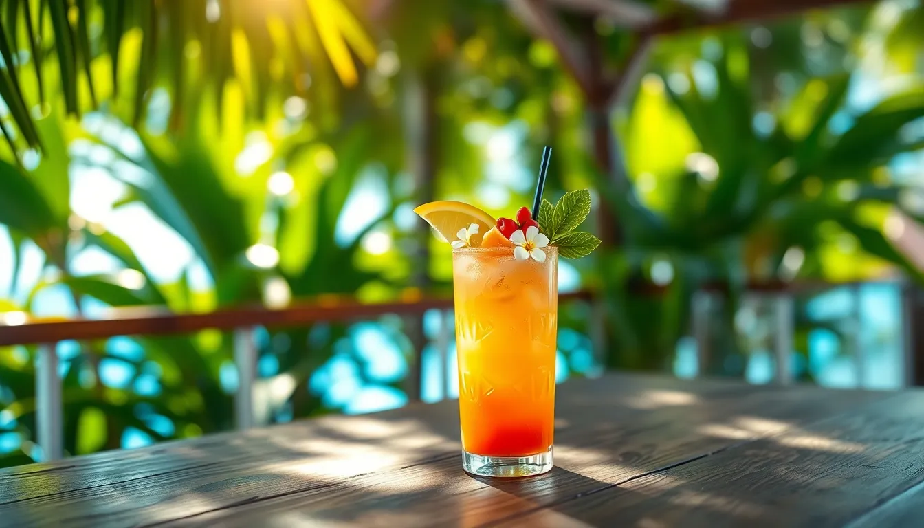 This image feature a vibrant tropical drink garnished with fresh fruit and edible flowers, set on a rustic wooden table aboard a cruise. Dappled sunlight filters through nearby foliage, creating a beautiful contrast and adding depth to the scene. The saturated colors bring the drink to life, while the surface texture of the wood adds warmth. This scene encapsulates the carefree essence of a tropical cruise getaway.