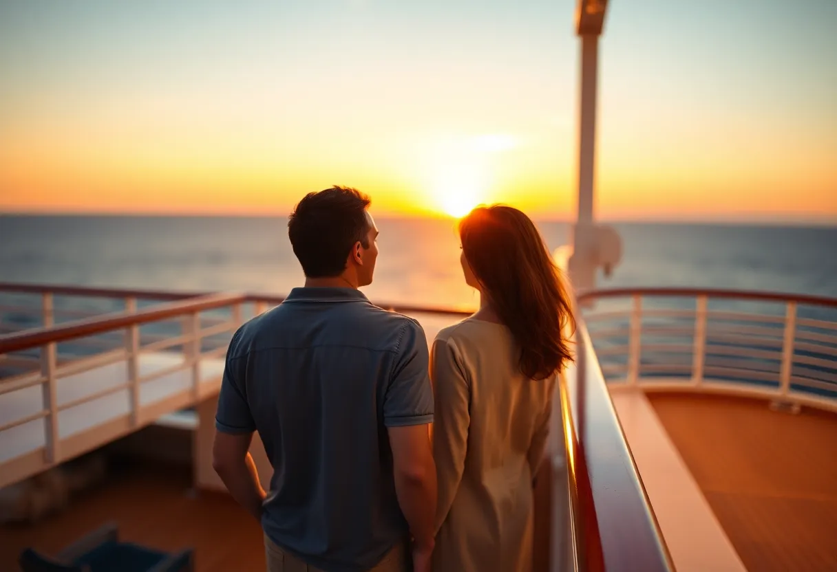 Couple Enjoying a Romantic Sunset on a Cruise This romantic image captures a couple enjoying a sunset view from the upper deck of a cruise ship. Golden hour light bathes the scene, creating a warm and inviting ambiance. The couple, dressed casually yet elegantly, appears lost in the moment amid the vibrant sunset sky. The composition employs leading lines that guide the viewer's gaze across the deck, enhancing the texture of the couple's clothing and the polished surfaces around them.