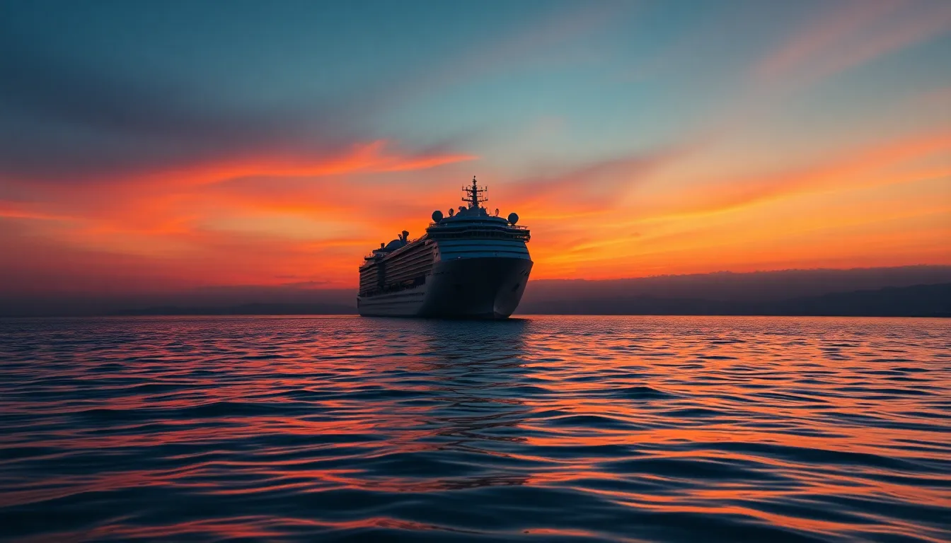 A majestic cruise ship stands silhouetted against a breathtaking sunset. The warm rim light beautifully outlines the ship's form while the golden hour casts rich colors across the sky and water. The composition captures the grandeur of travel by sea, inviting awe at the natural beauty of the scene. This image evokes a sense of adventure and exploration, perfect for travel enthusiasts.
