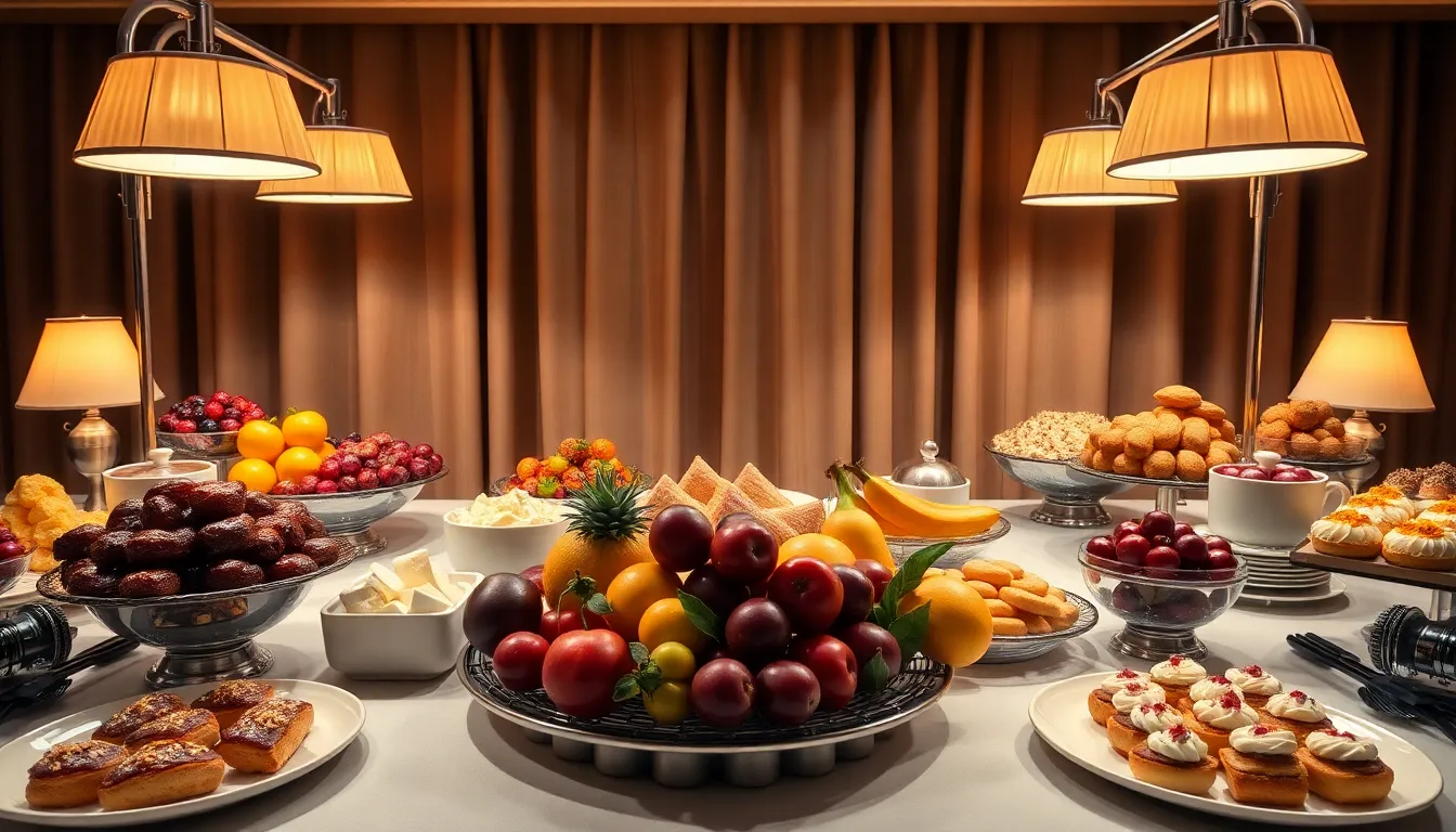 This elegant image highlights a lavish buffet setup aboard a luxury cruise ship, adorned with an array of exquisite foods. Warm tungsten lighting casts a rich, inviting glow over glossy fruits and delicate pastries, accentuating their textures and vibrant colors. The symmetrical composition emphasizes the abundance of the display, creating an atmosphere of indulgence and sophistication. The muted fabric backdrop elevates the elegance, making this image ideal for high-end culinary travel promotions.