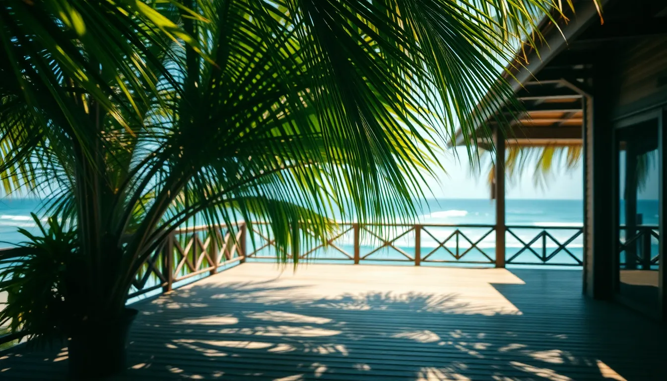 The serene beauty of a tropical cruise deck is captured with dappled sunlight filtering through palm leaves. The image showcases vibrant blues and lush greens, enhanced by a Fujifilm Velvia-inspired color palette. The use of shallow depth of field creates an inviting focus on the deck, leading the eye toward the horizon line of the ocean. This picturesque scene evokes a sense of tranquility and adventure under the sun.