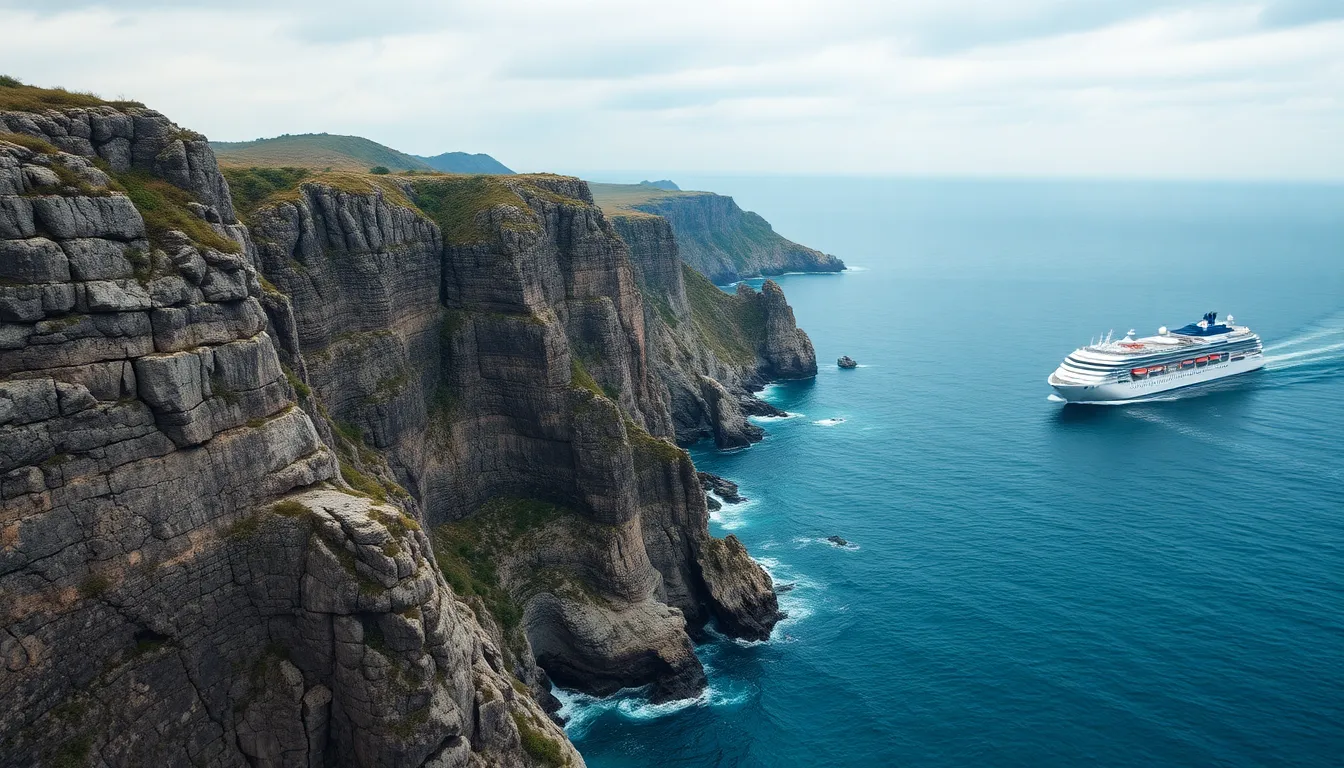A majestic cruise ship elegantly sails through the calm waters under a clear blue sky, captured in pristine detail. The image showcases the ship's sleek silhouette against the serene ocean, creating a sense of tranquility and adventure. Soft, natural lighting enhances the colors and textures, while the composition strategically positions the ship to draw the viewer's eye across the horizon. Ideal for travel and cruise promotions.