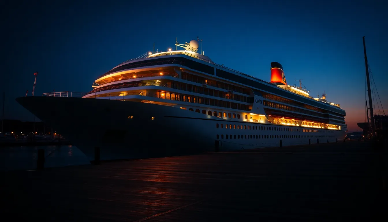 The grandeur of a cruise ship docked at dusk is beautifully captured with dramatic chiaroscuro lighting from the setting sun. The vibrant colors, inspired by Fujifilm Velvia, emphasize the ship's details against the deepening evening sky. Leading lines from the dock invite viewers to explore the scene, while the ship's weathered hull reflects its journey through the sea. This image captures the essence of adventure and travel.