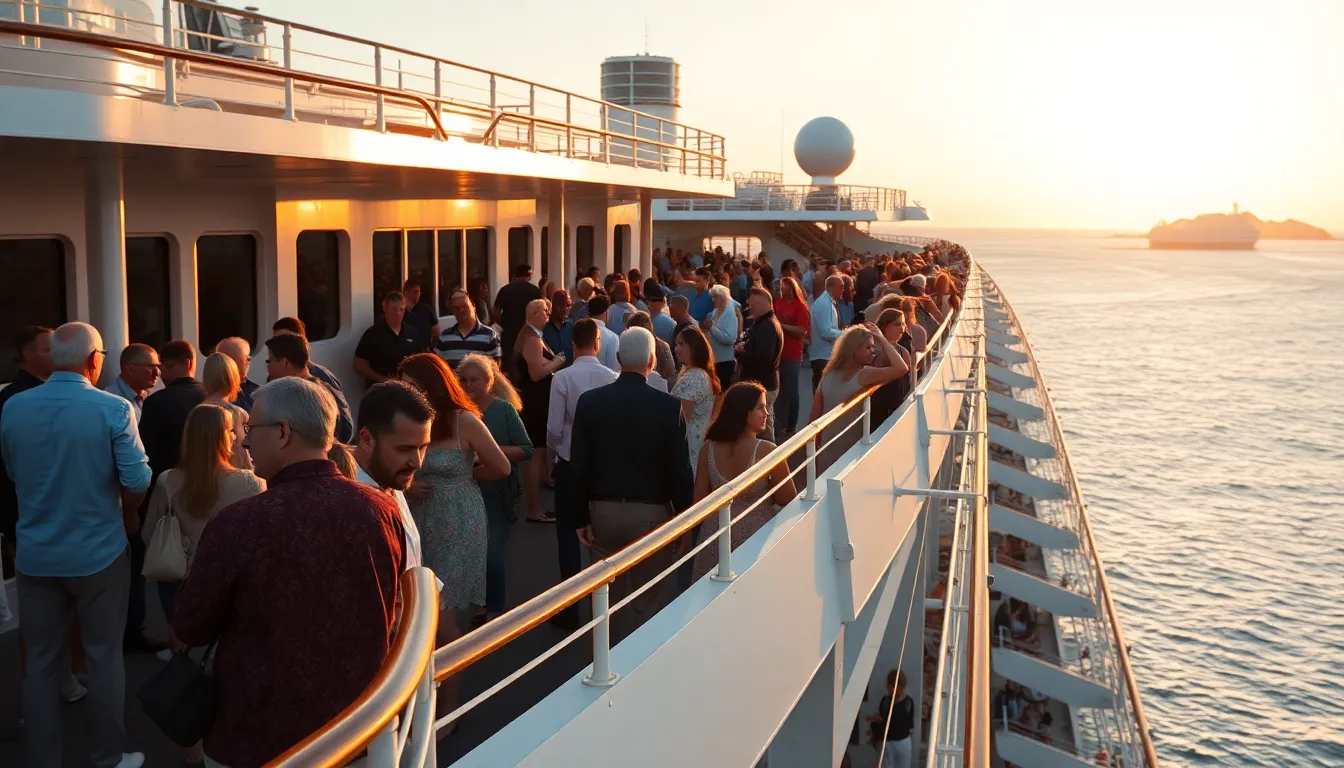 This vibrant scene captures the lively atmosphere on a cruise ship's upper deck as guests enjoy the breathtaking ocean views. The warm golden hour lighting beautifully illuminates the groups of people mingling near the railings. The sharp focus draws attention to the various interactions while the distant island creates a sense of adventure. The natural muted tones evoke a relaxed, welcoming ambiance typical of cruise experiences.