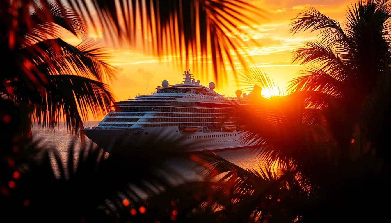 A stunning sunset view of a luxury cruise ship docked at a tropical island. The warm orange and purple hues in the sky reflect on the calm waters, creating a serene atmosphere. Lush palm trees frame the scene, softly blurred in the foreground, emphasizing the beauty of the ship. This photograph captures the essence of travel and relaxation on a cruise, inviting viewers to explore tropical destinations.