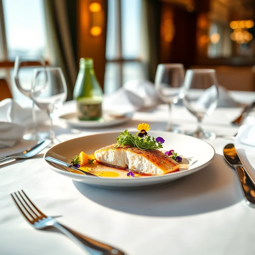 Delight in the exquisite presentation of a gourmet meal served on a luxury cruise ship. The dish, featuring perfectly seared fish adorned with vibrant microgreens and edible flowers, reflects the high culinary standards onboard. Soft natural light streams in through large windows, enhancing the colors and textures of the food. This photograph captures the elegance of dining at sea, inviting viewers to experience the flavors of upscale cruise cuisine.