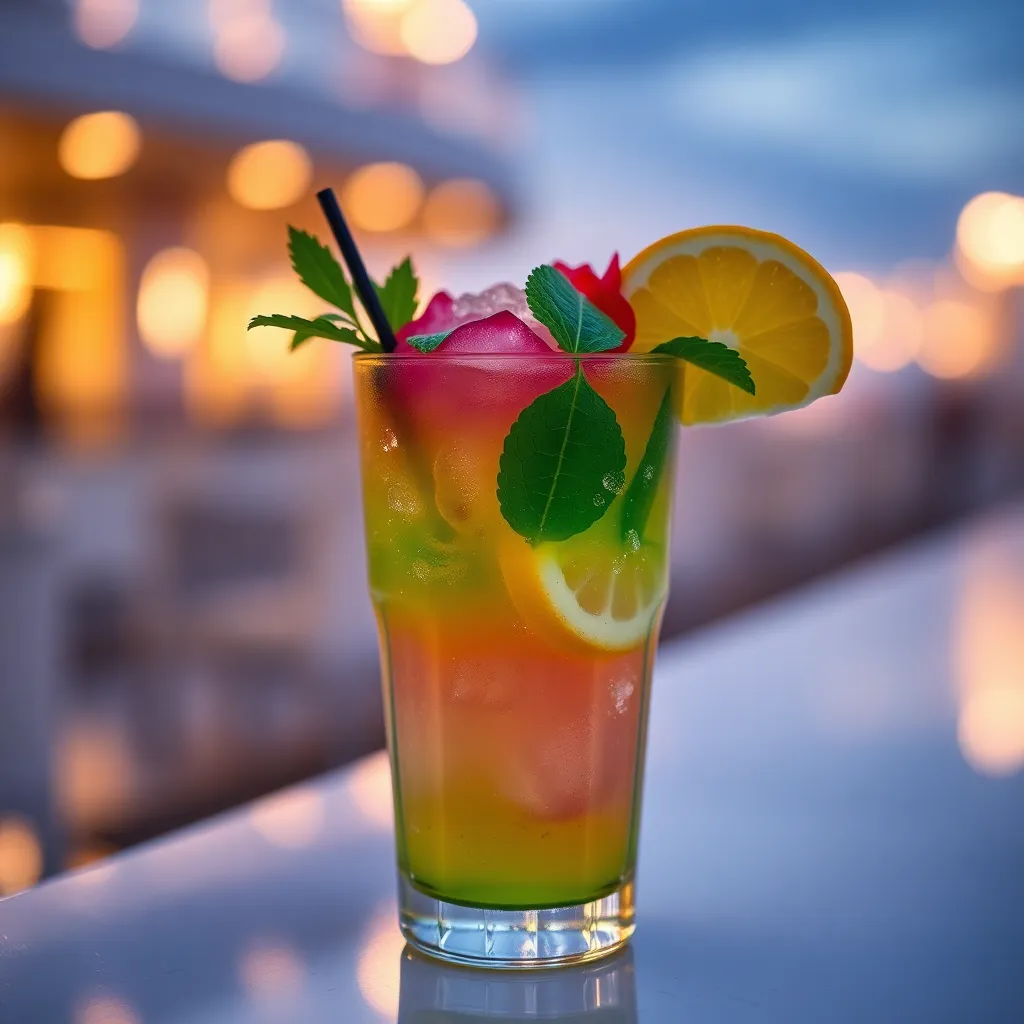 A stunning close-up of a vibrant cocktail sits invitingly against a blurred ocean backdrop. The drink, adorned with garnishes and ice, gleams in the soft evening light, capturing the essence of leisure on a cruise. This image encapsulates the luxurious experience of enjoying upscale beverages while sailing across the sea.