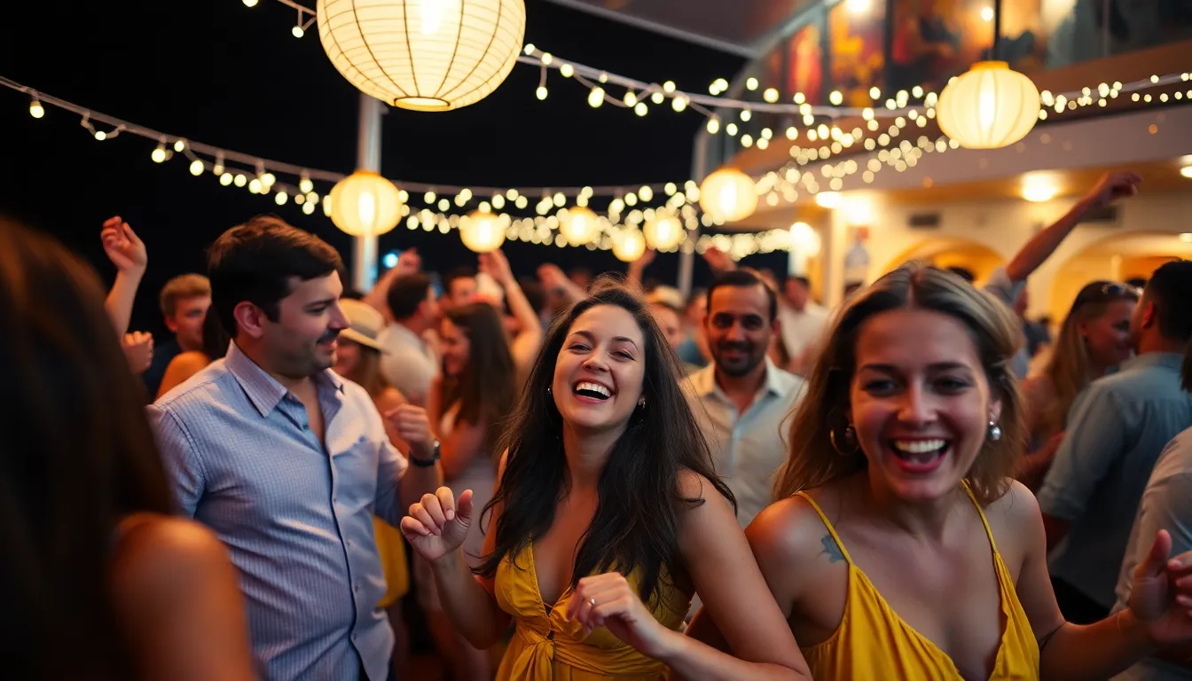 An exhilarating scene of a deck party aboard a cruise ship brimming with energy and celebration. Guests dance joyfully under a canopy of twinkling lights, enveloped in warm hues reflecting the festive spirit. The lively atmosphere and visual details capture the essence of fun and togetherness, highlighting an unforgettable travel experience.
