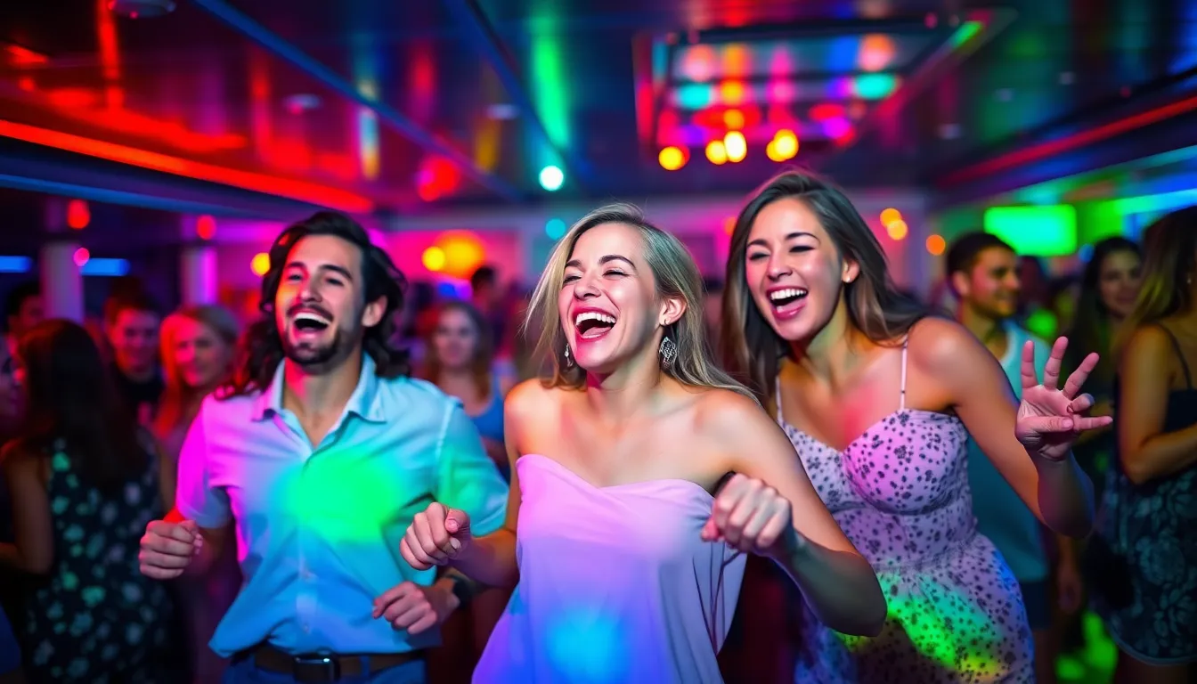 An exhilarating dance party aboard a cruise ship, with friends enjoying the vibrant atmosphere filled with colorful lights. The joy and laughter of the moment create an infectious energy, drawing viewers into the scene. The lively colors and dynamic movement of dancers encapsulate the essence of celebration at sea. This image showcases the fun experiences that make cruising a memorable adventure.