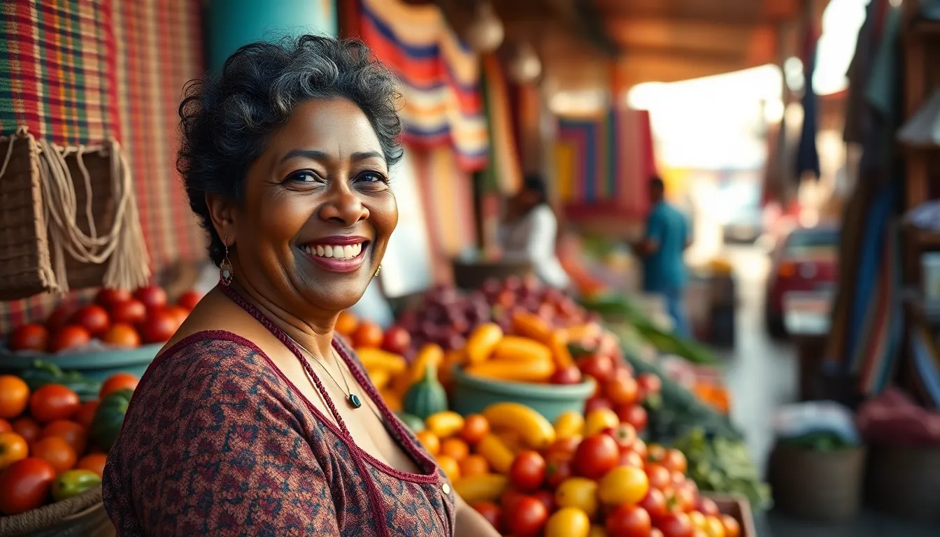 A lively market scene at a cruise port, showcasing vibrant colors of fresh produce and textiles. A cheerful vendor engages with customers, filling the air with energy and excitement. The warm early morning light enhances the richness of colors, creating a joyful atmosphere. This image encapsulates the cultural experience of exploring local markets while traveling, inviting viewers to immerse themselves in the adventure.