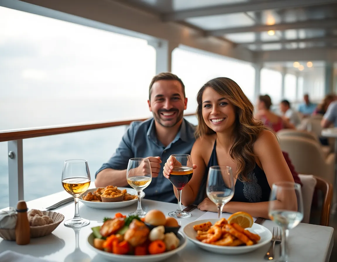 An intimate moment captured on the deck of a cruise ship, where a couple enjoys a delightful seafood meal. The cloudy sky provides soft, diffused daylight that beautifully highlights their joyful expressions. The selective focus draws attention to the couple, while the sumptuous details of their meal and the nautical-themed decor create a luxurious atmosphere. This image speaks to the romance and adventure of cruising.
