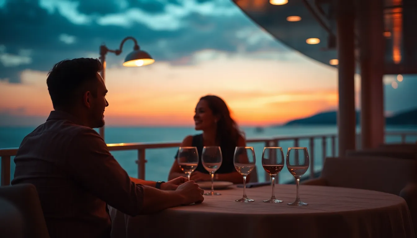 This romantic dinner scene captures a couple enjoying a sunset meal on a cruise ship's terrace. The warm tungsten lighting creates a cozy and intimate atmosphere, while the stunning sunset hues provide a beautiful backdrop. The table is elegantly set with textured linens and shimmering glassware, inviting viewers to imagine experiencing this luxurious moment. This image depicts the perfect blend of romance and travel.