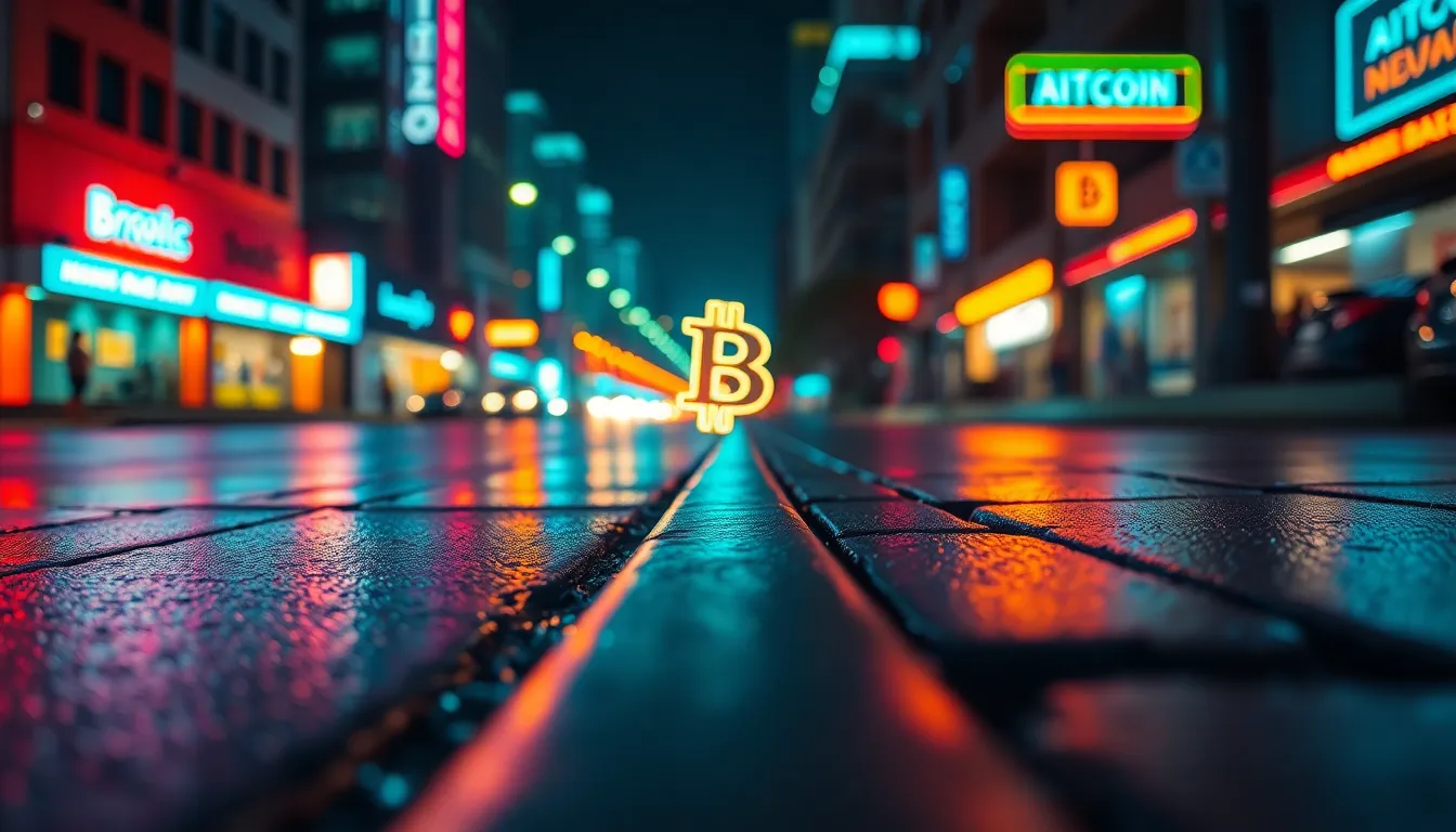 Neon Cryptocurrency Symbol in Urban Setting