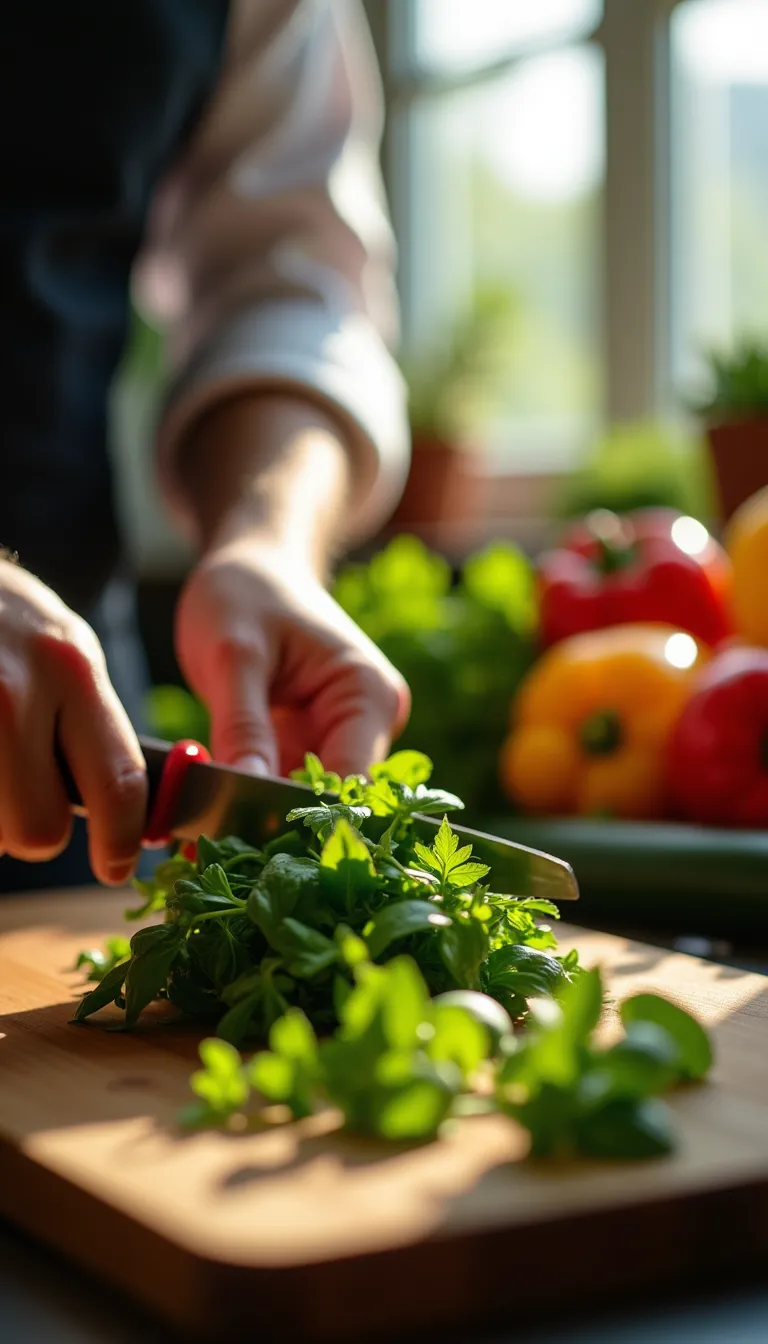 Chef Chopping Fresh Herbs in Kitchen