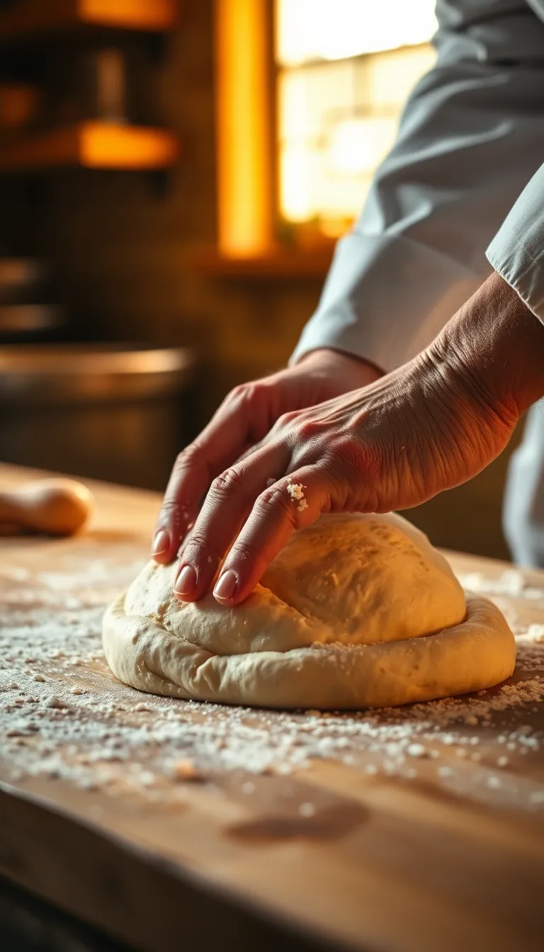 Chef Kneading Dough in Rustic Kitchen