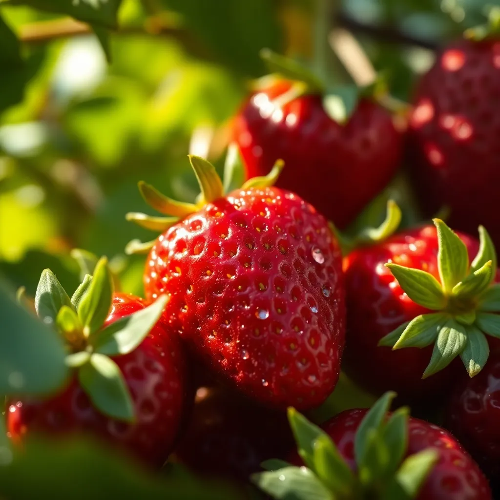 Close-Up of Fresh Strawberries in Sunlight A vibrant close-up of ripe strawberries glistening in sunlight, surrounded by green leaves.