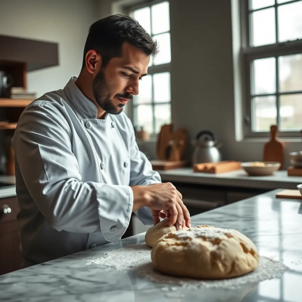 Chef Kneading Dough in a Rustic Kitchen