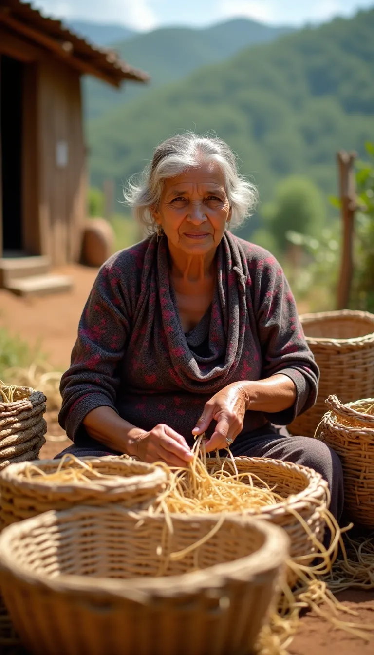Elderly Woman Weaving Traditional Baskets