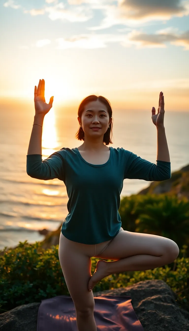 Yoga Practice at Sunrise Over the Ocean